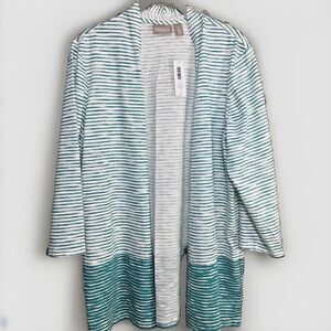 Chico’s Womens 2 Open Front Cardigan Sweater Large Green Striped Lightweight NEW
